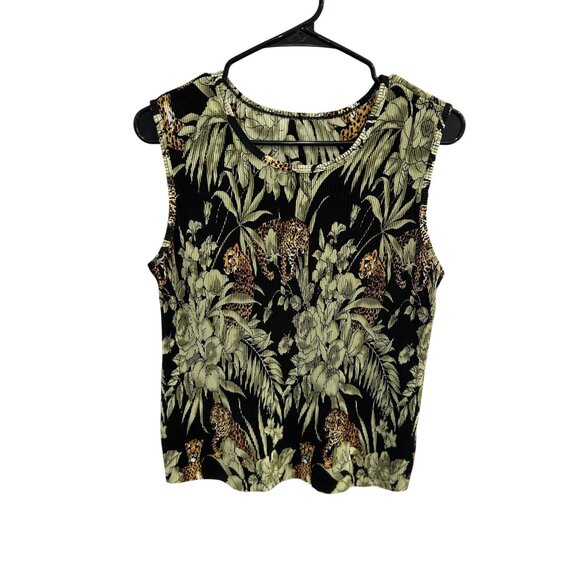 Vintage | Tops | Womens Black Sleeveless Tropical Leopard Print Ribbed ...